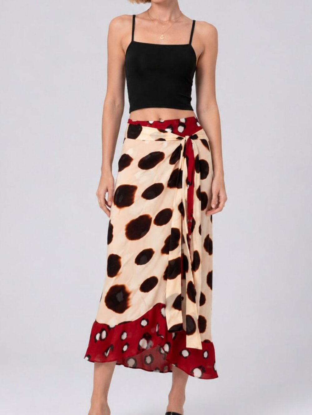 Khaki Casual Women's Polka Dot Wrap Tie Ruffle Bodycon Midi Skirt - Picture 5 of 10